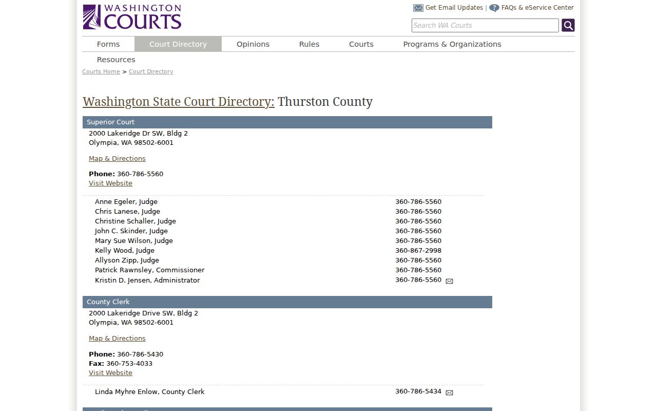 Rainier court records route in the Thurston County court directory