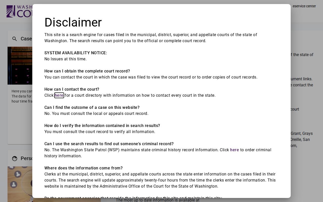 Washington Courts public case search landing page used for Thurston County dockets