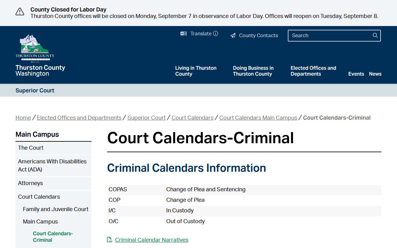Thurston County criminal docket calendar categories