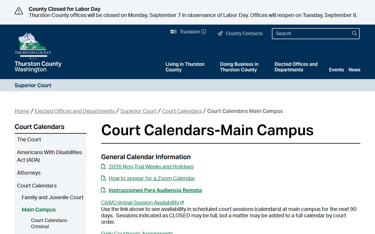 Thurston County criminal docket Superior Court calendar hub