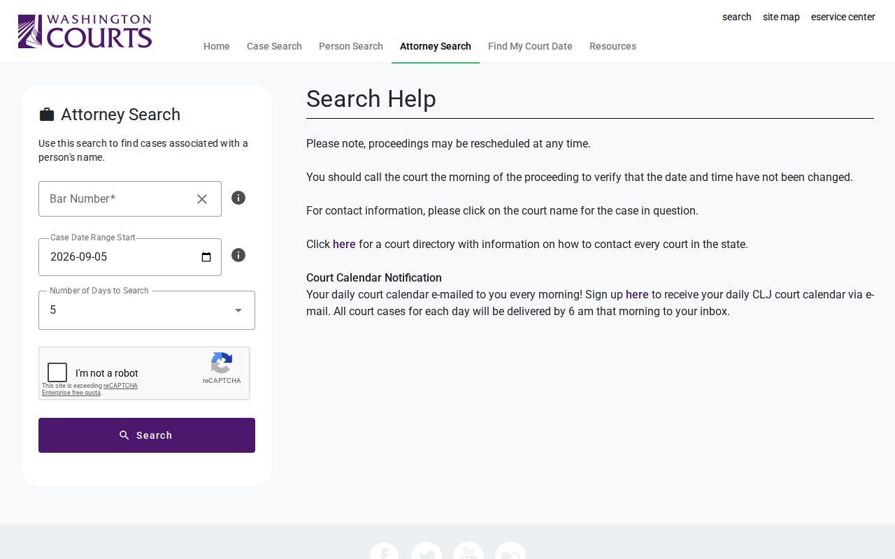 Attorney calendar form supporting Thurston County case search verification