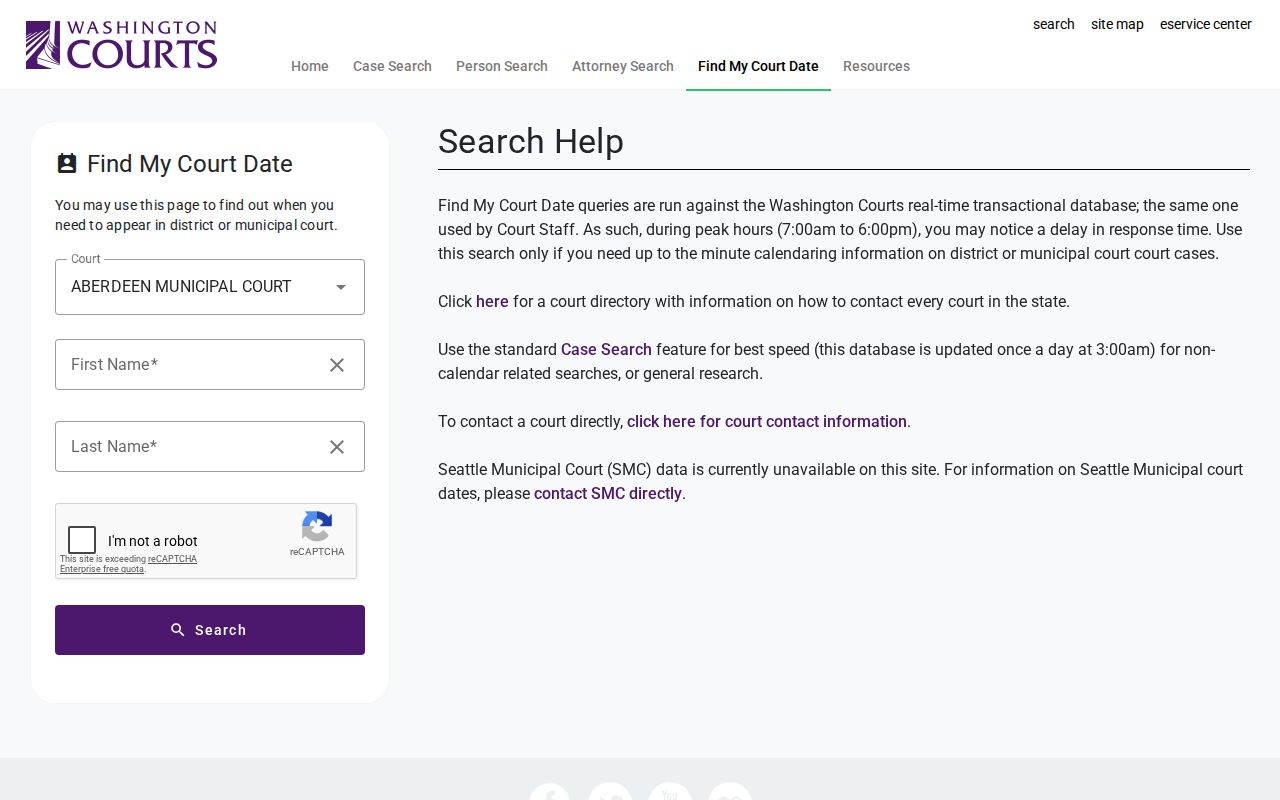 Find My Court Date form supporting a Thurston County docket search