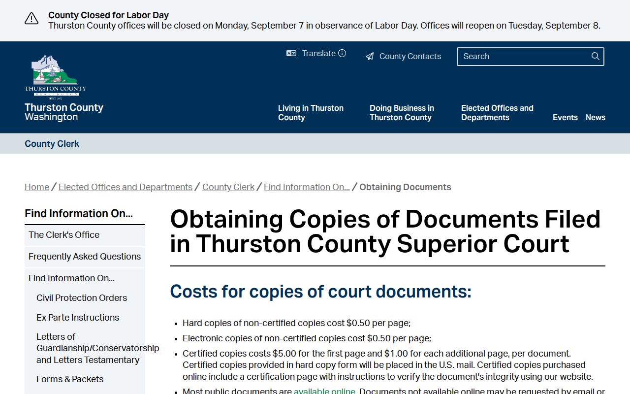 Thurston County court record copy instructions