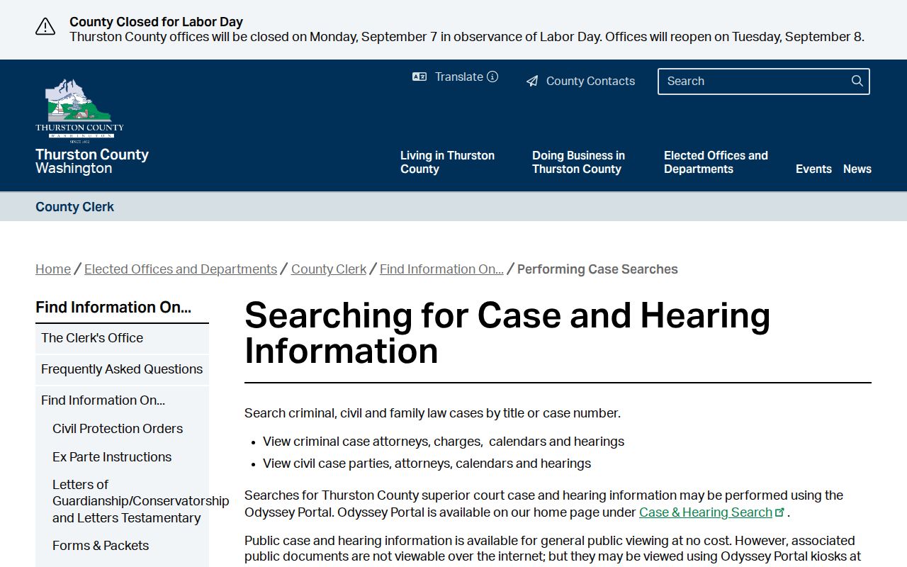 Thurston County Clerk case and hearing search information page