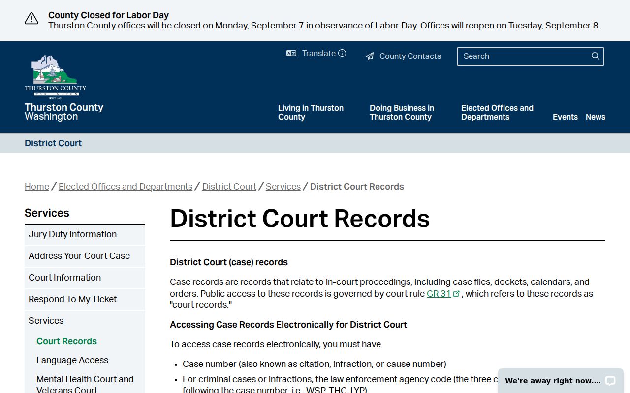 Thurston County District Court records page serving Lacey cases
